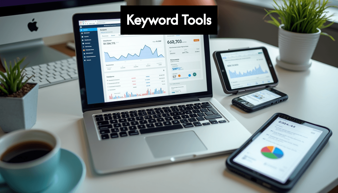 Different devices showing keyword research tool interfaces.
