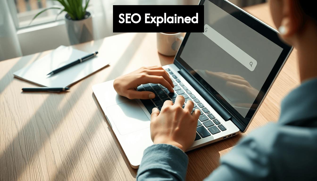 Hands typing SEO terms into laptop search bar