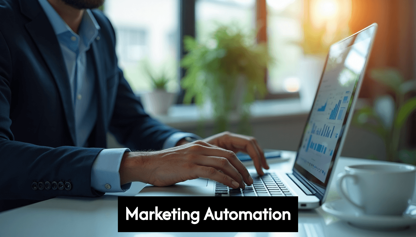 Marketer working with AI marketing tools on laptop