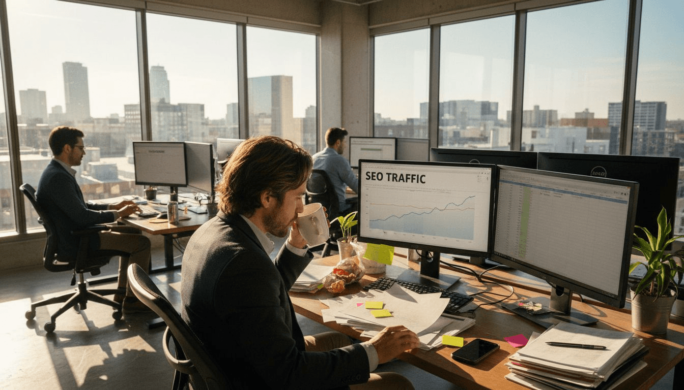 SEO team analyzing data in city office workspace