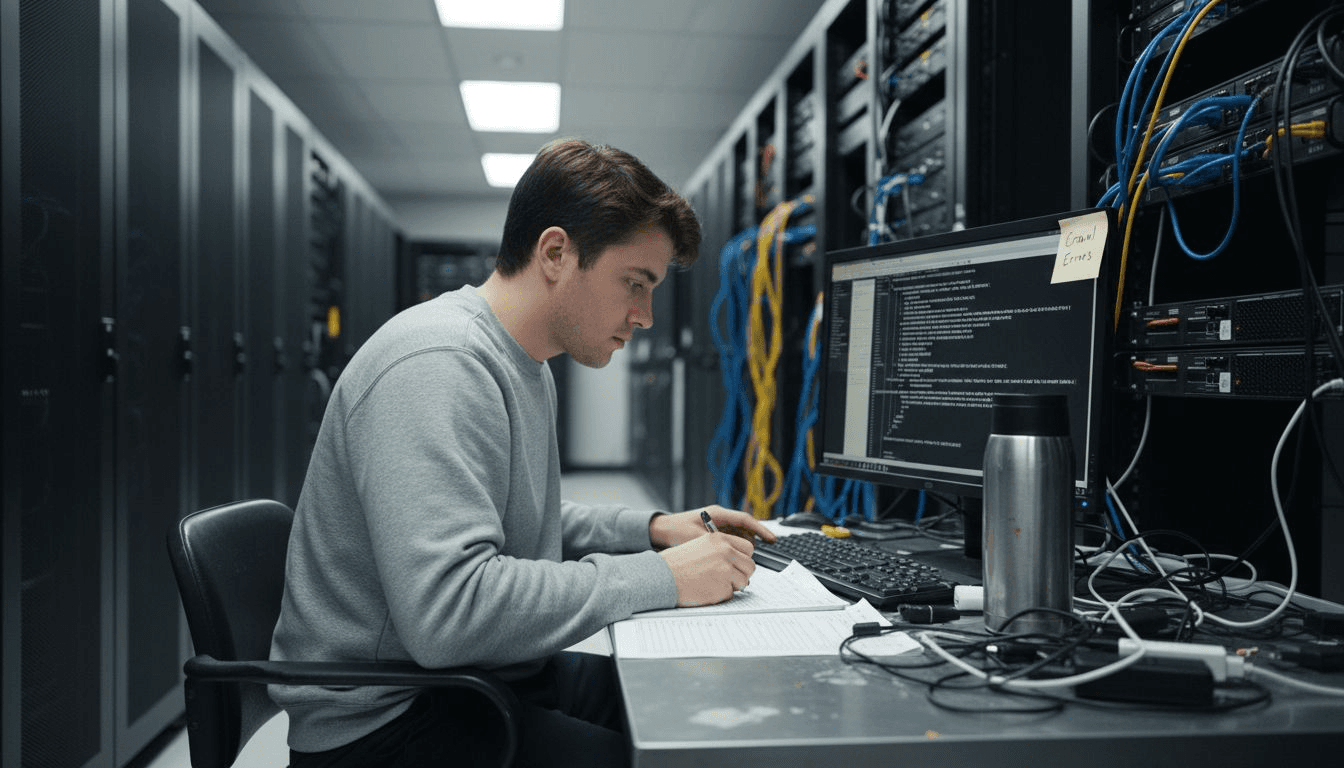 Technician checking technical SEO in server room