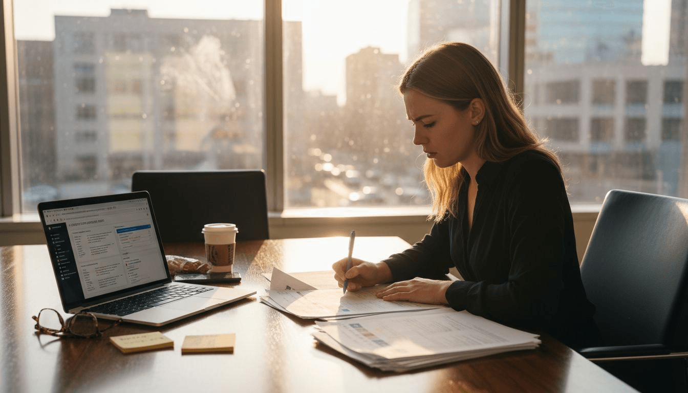 Content editor marking article at conference table