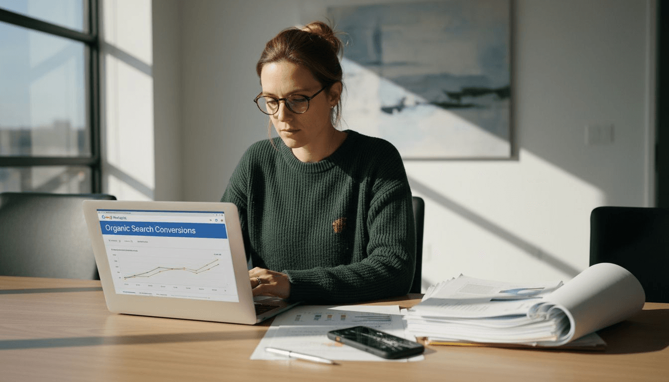 Woman reviewing organic conversions metrics laptop