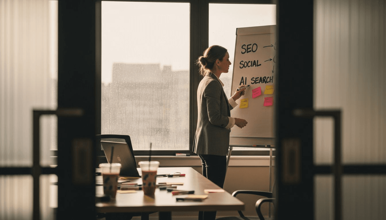 SEO strategist writing platforms on whiteboard