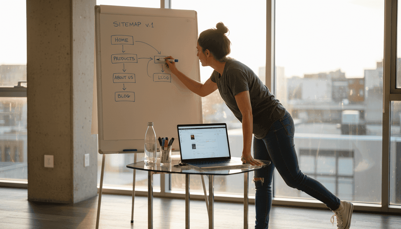 Marketer mapping website architecture on whiteboard