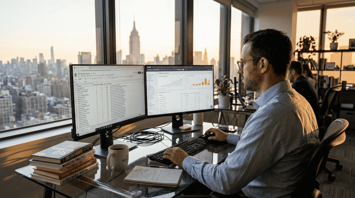 SEO strategist analyzing reports in bright corner office