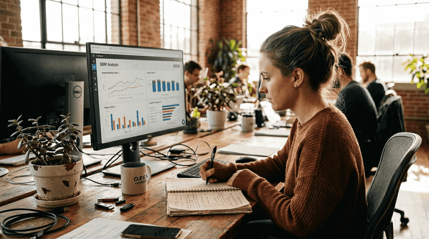 Marketer using content optimization dashboard at desk