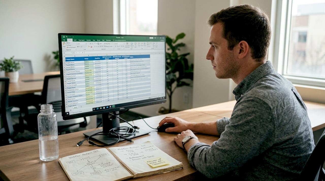 User examining keyword clustering spreadsheet