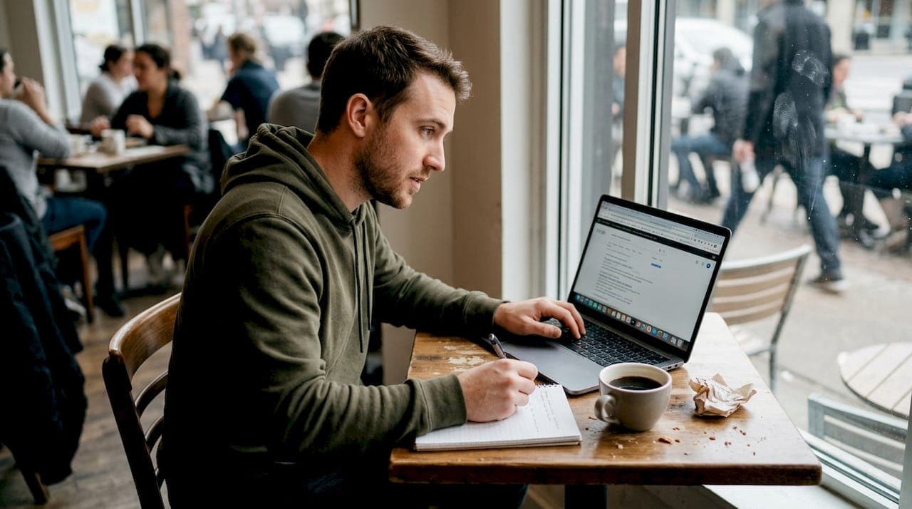 Man brainstorming keywords in busy café
