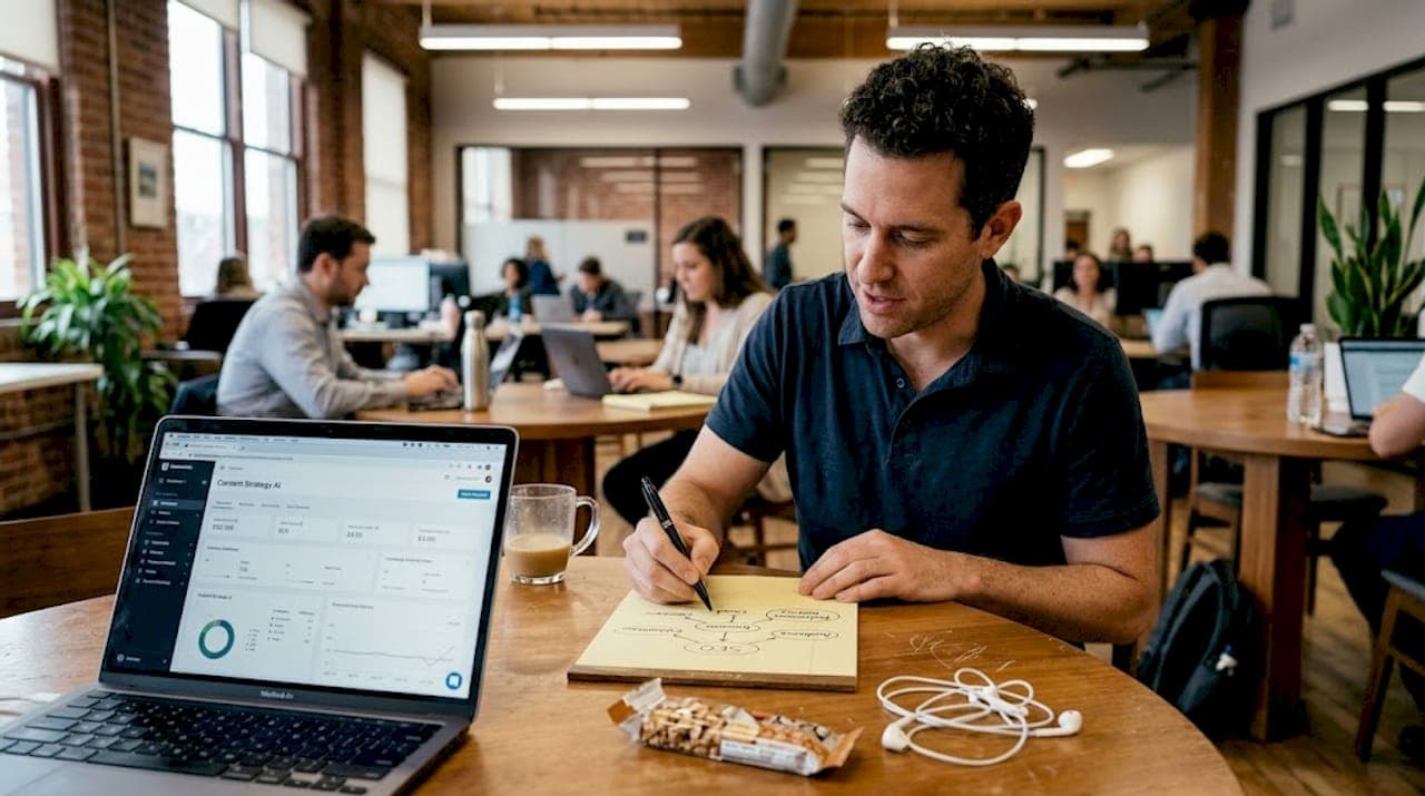Man sketching keyword map at coworking table