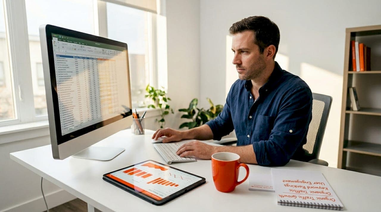 Professional reviewing SEO data on computer