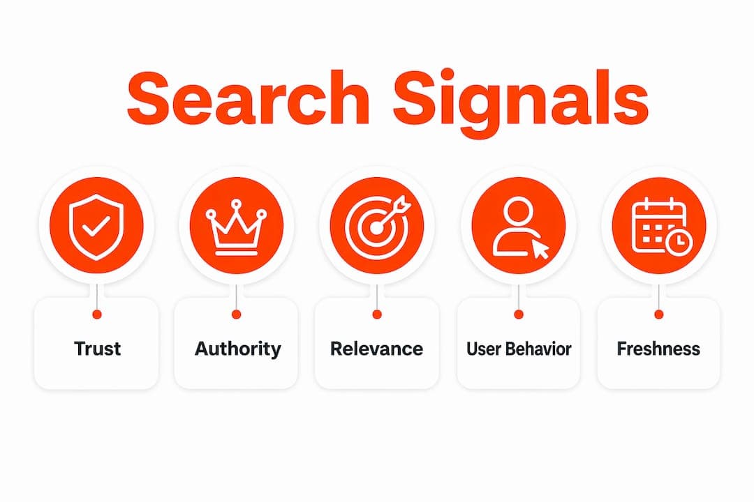 Infographic illustrating core search engine signal categories