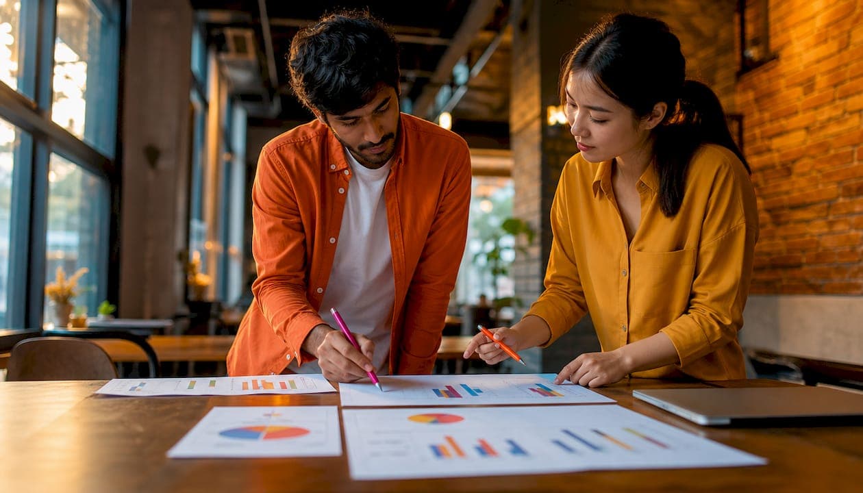 Diverse pair discussing search intent at office table