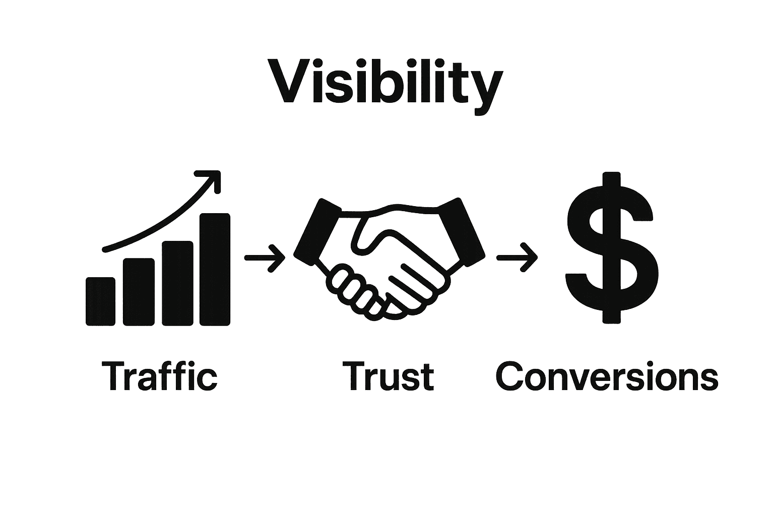 Infographic showing website visibility effects: more traffic, greater trust, higher conversions