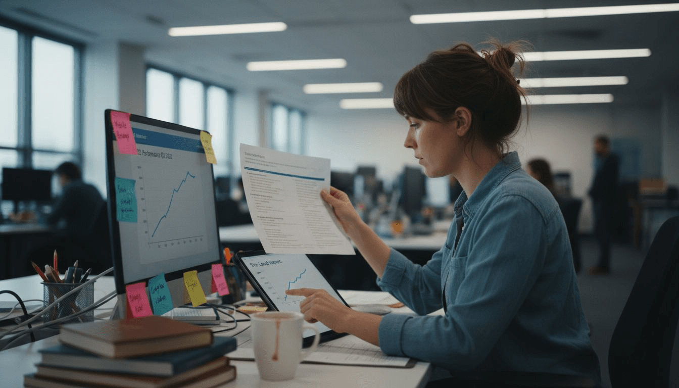 SEO specialist reviewing performance metrics at desk