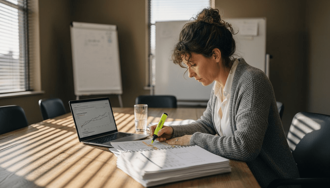 Woman highlighting SEO keyword report at table