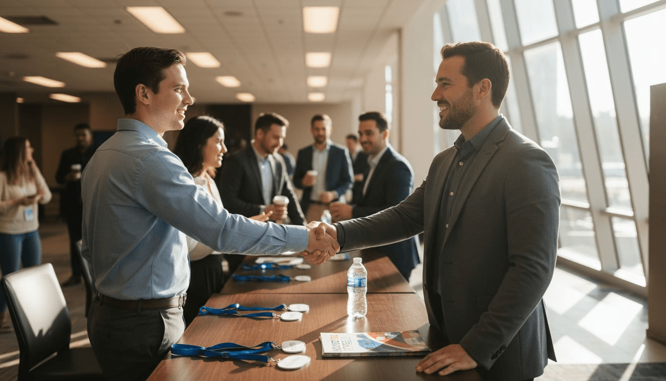 Entrepreneur greeting mentor at networking event