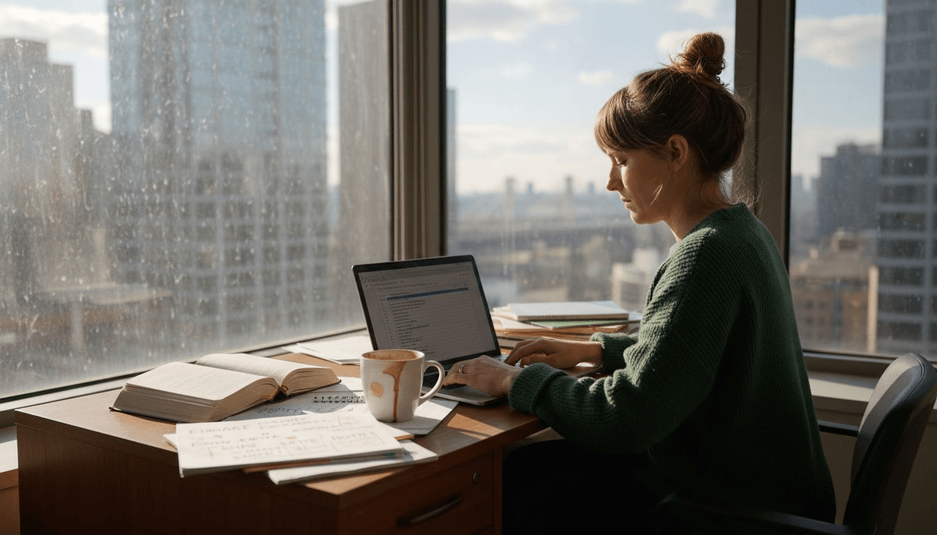 Content strategist drafting headline ideas at office desk