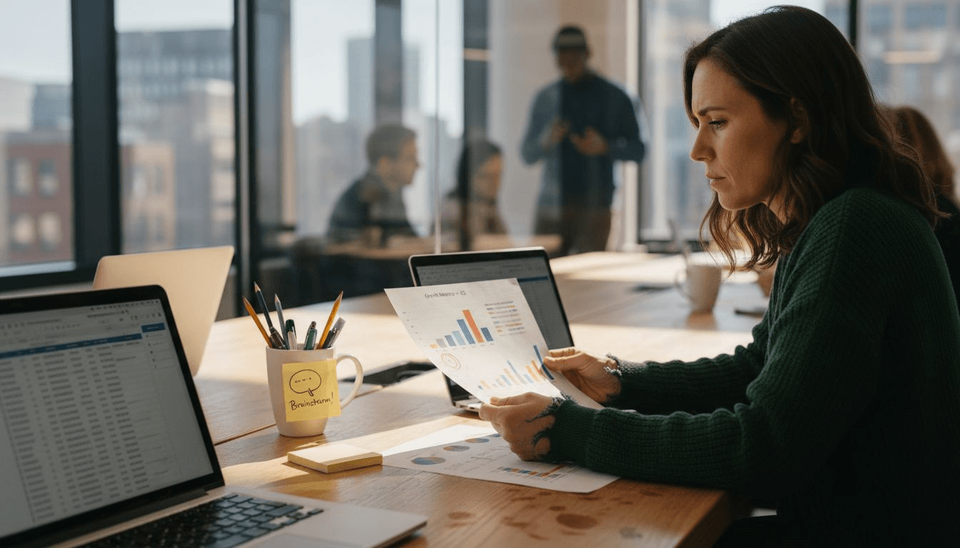 Woman studying KPI printout at project table