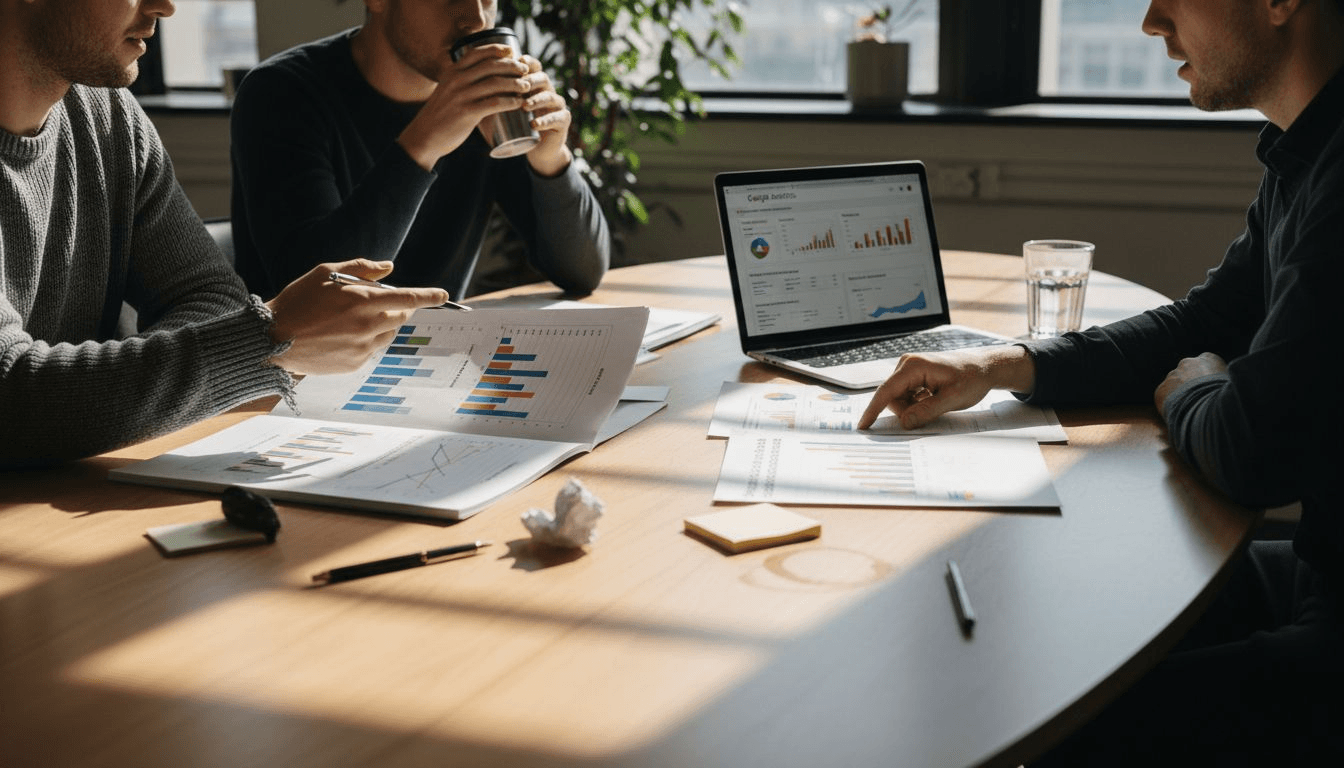 Marketers discussing content audit with charts