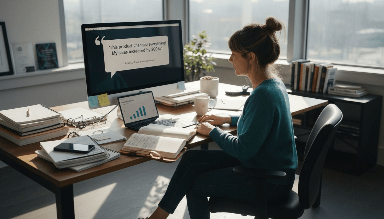 Marketer reviews user content at desk