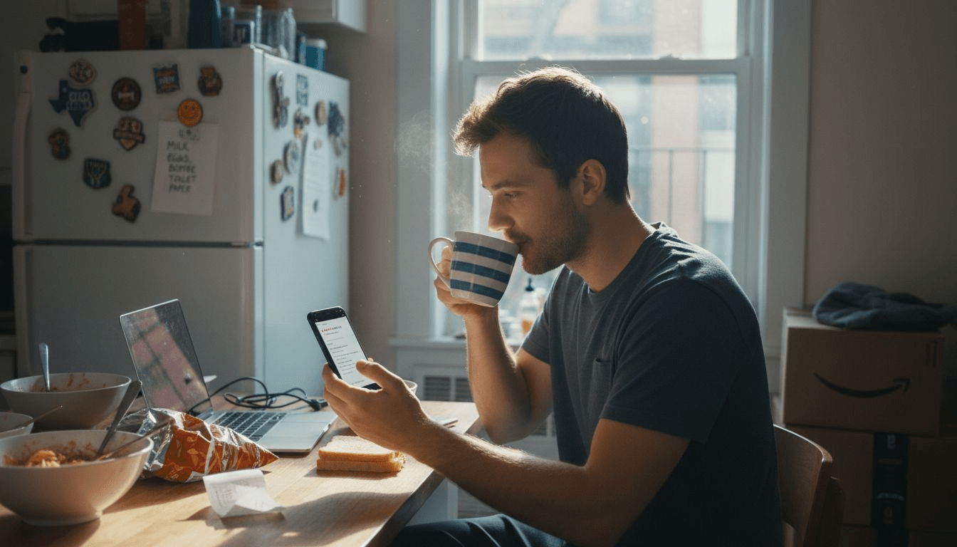 Customer writing review at kitchen table