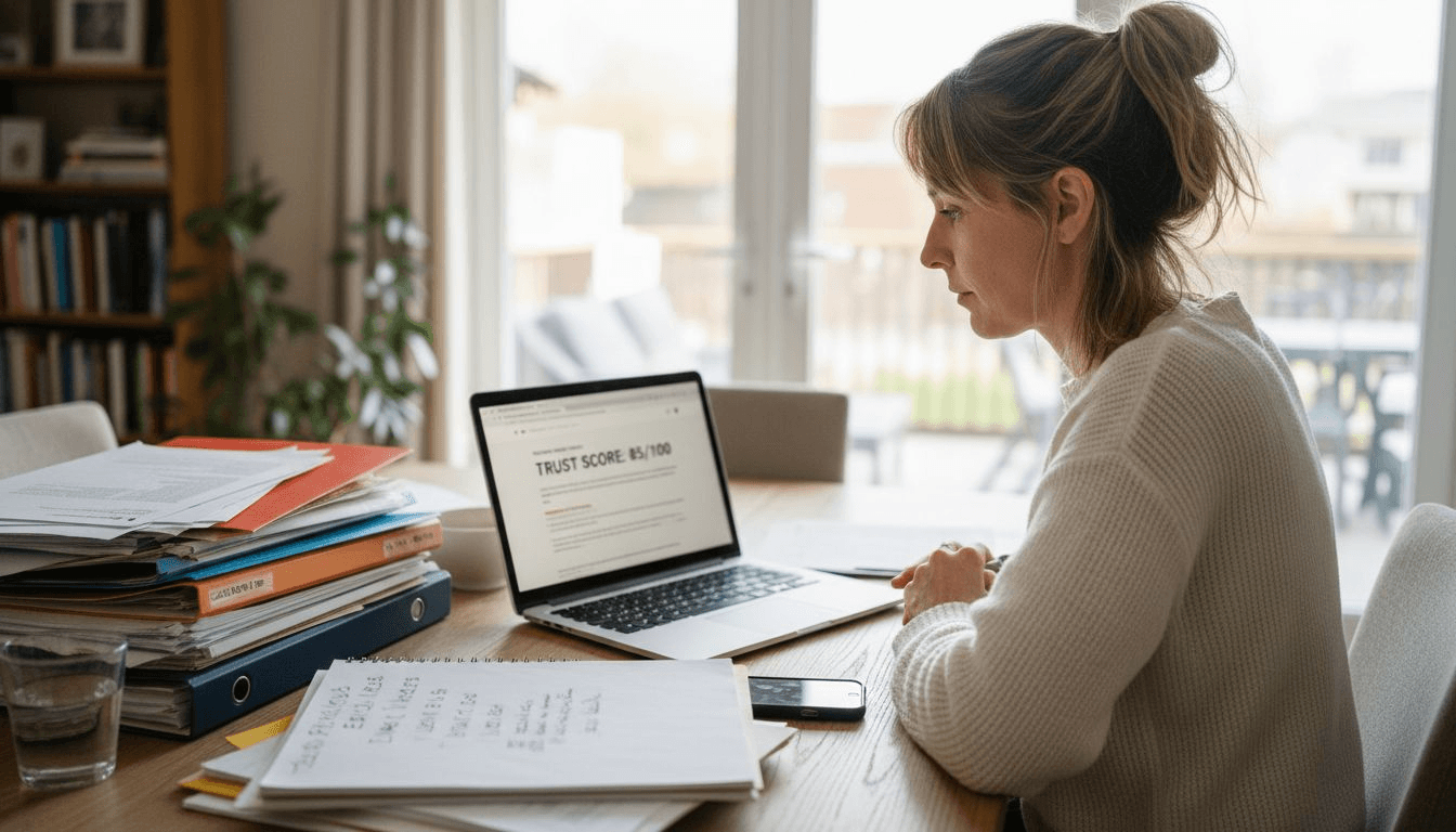 Woman auditing trust signals for website
