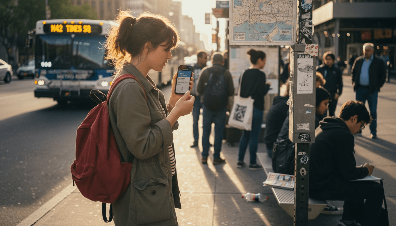Woman using voice search on phone at bus stop