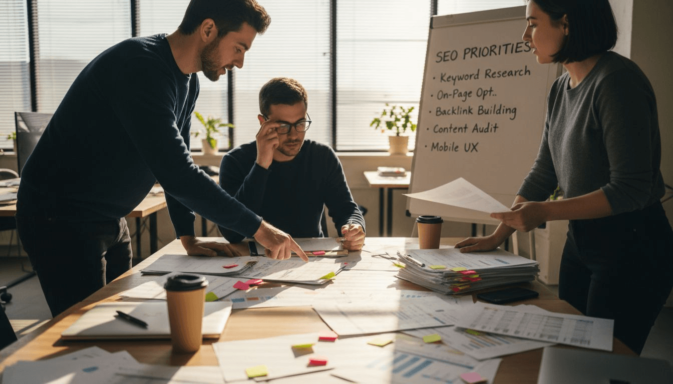 Team sorting through SEO user feedback together