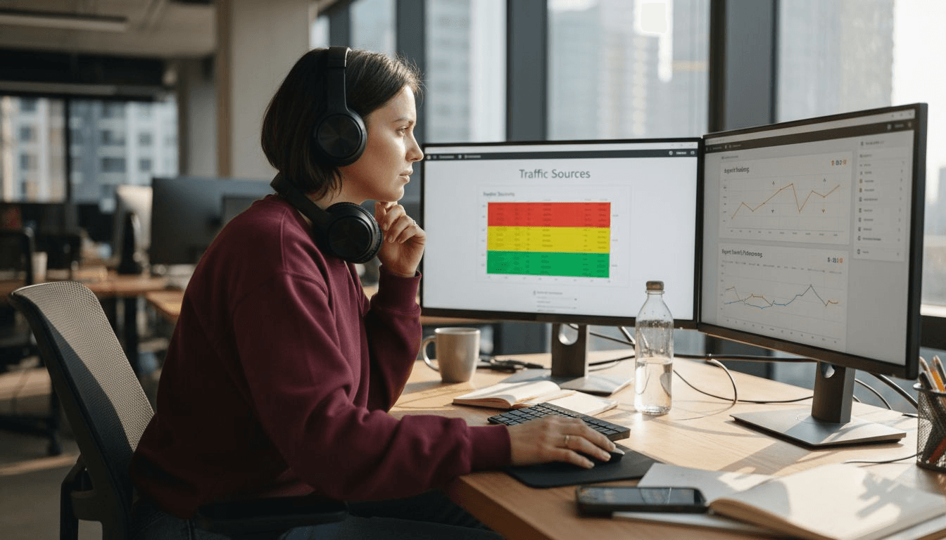 Marketer analyzing SEO tools and metrics