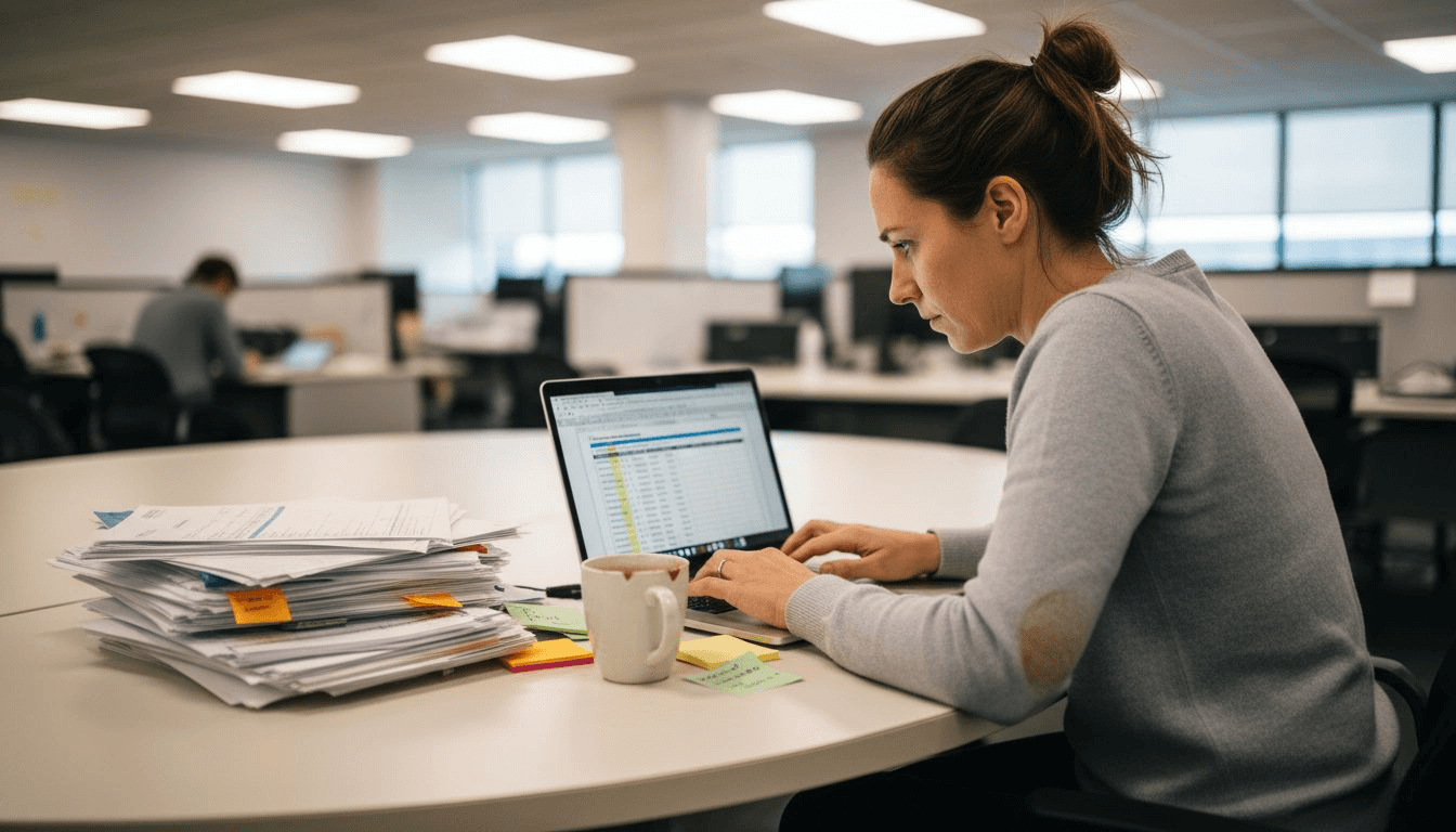 Woman entering feedback data in spreadsheet