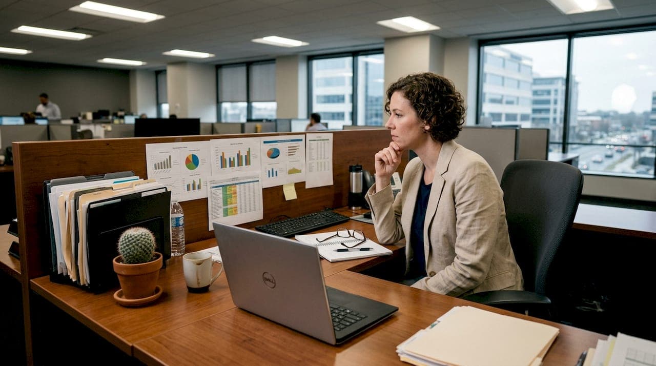 Woman reviewing printed charts at desk
