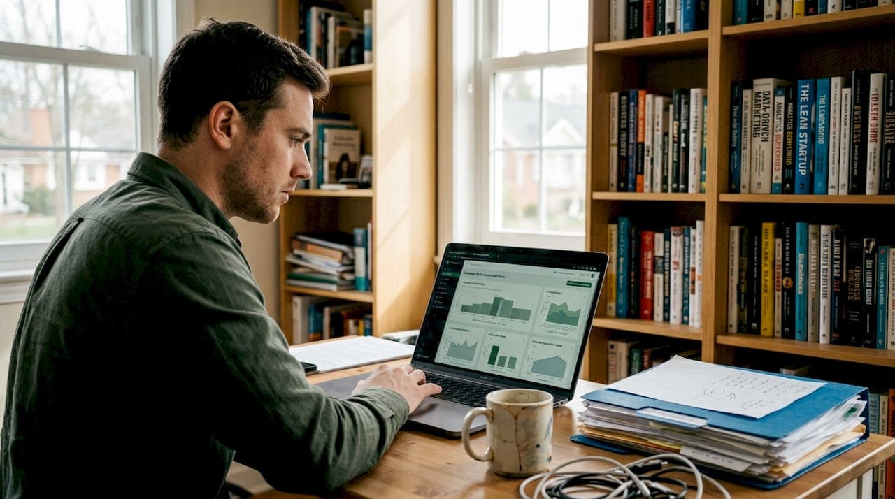Marketing analyst using AI dashboard at home office