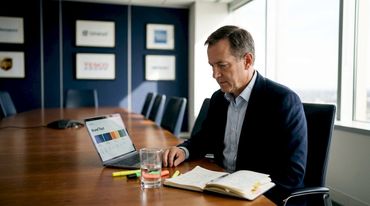 Executive examining blue branding presentation