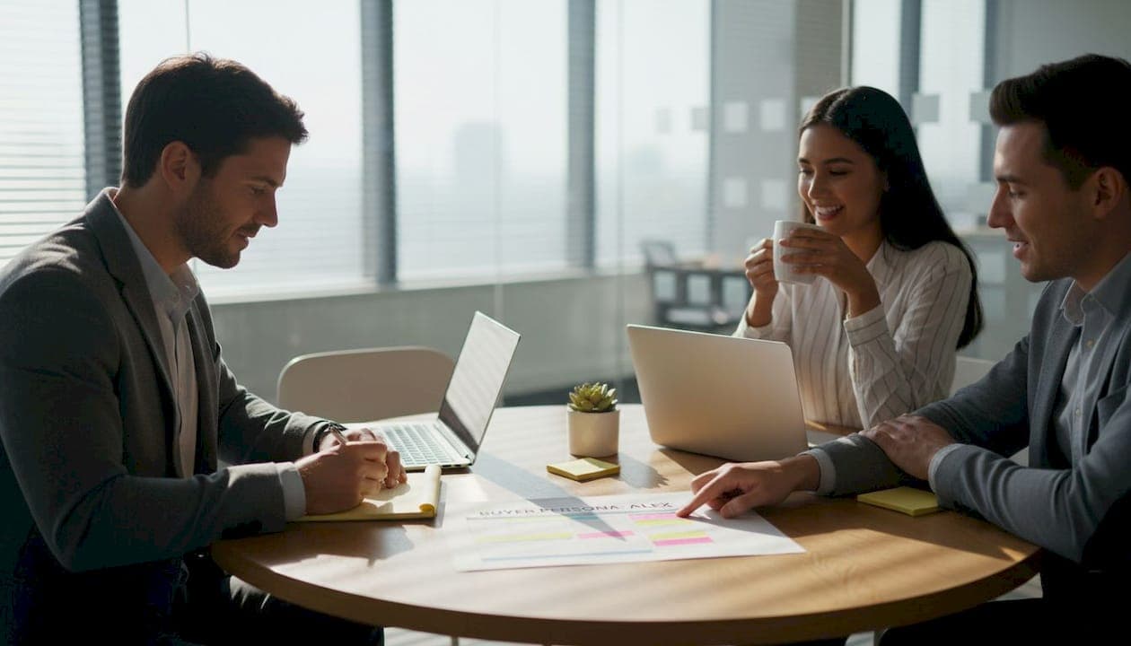 Team reviewing buyer persona printout at meeting table