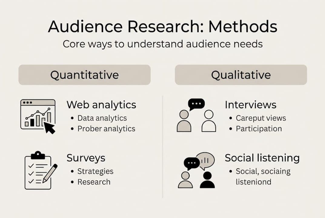 Infographic of audience research methods: quantitative and qualitative
