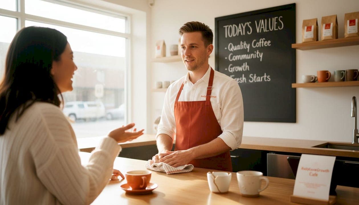 Business owner speaking with regular café customer