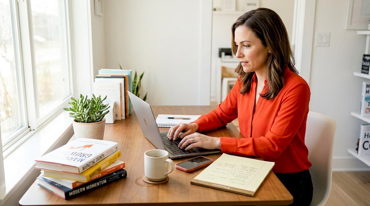 Businesswoman edits digital branding strategy at desk