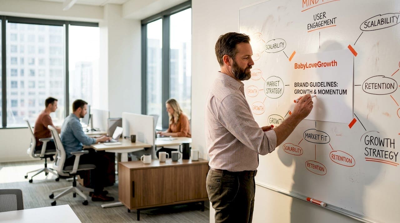 Man updates brand guidelines on whiteboard