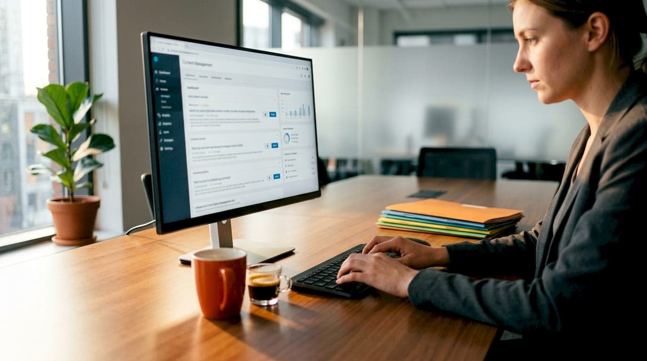 Hands typing content updates at desk