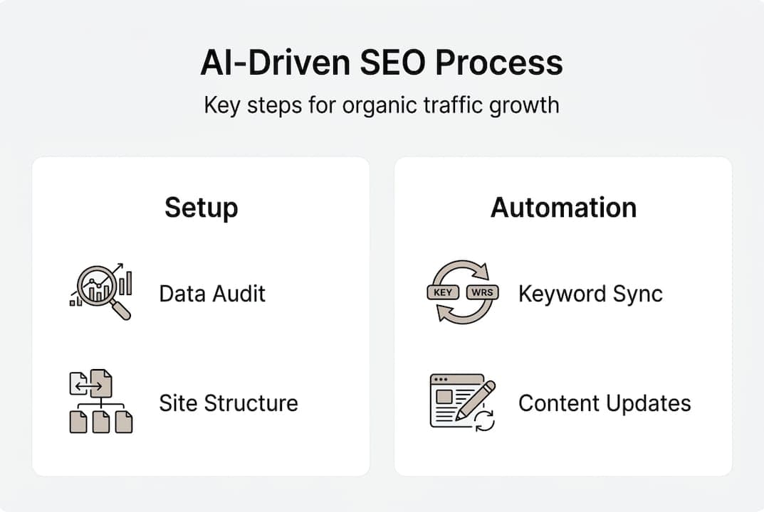 Infographic shows steps for AI SEO process