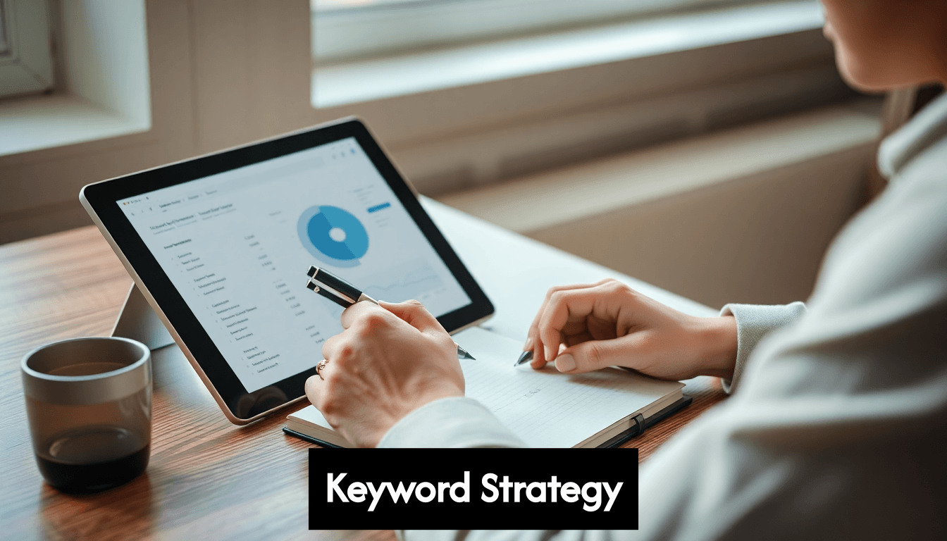 Person taking notes while reviewing keyword research on tablet