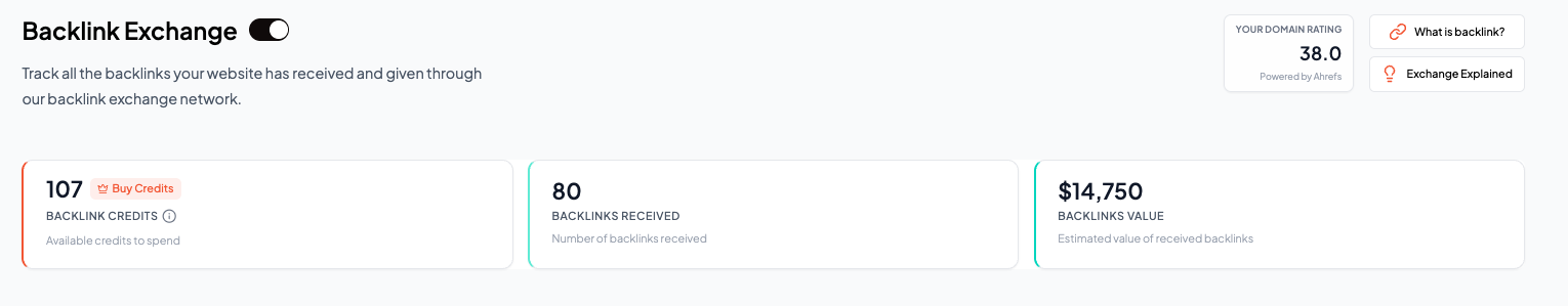 Backlinks dashboard showing credit balance and links