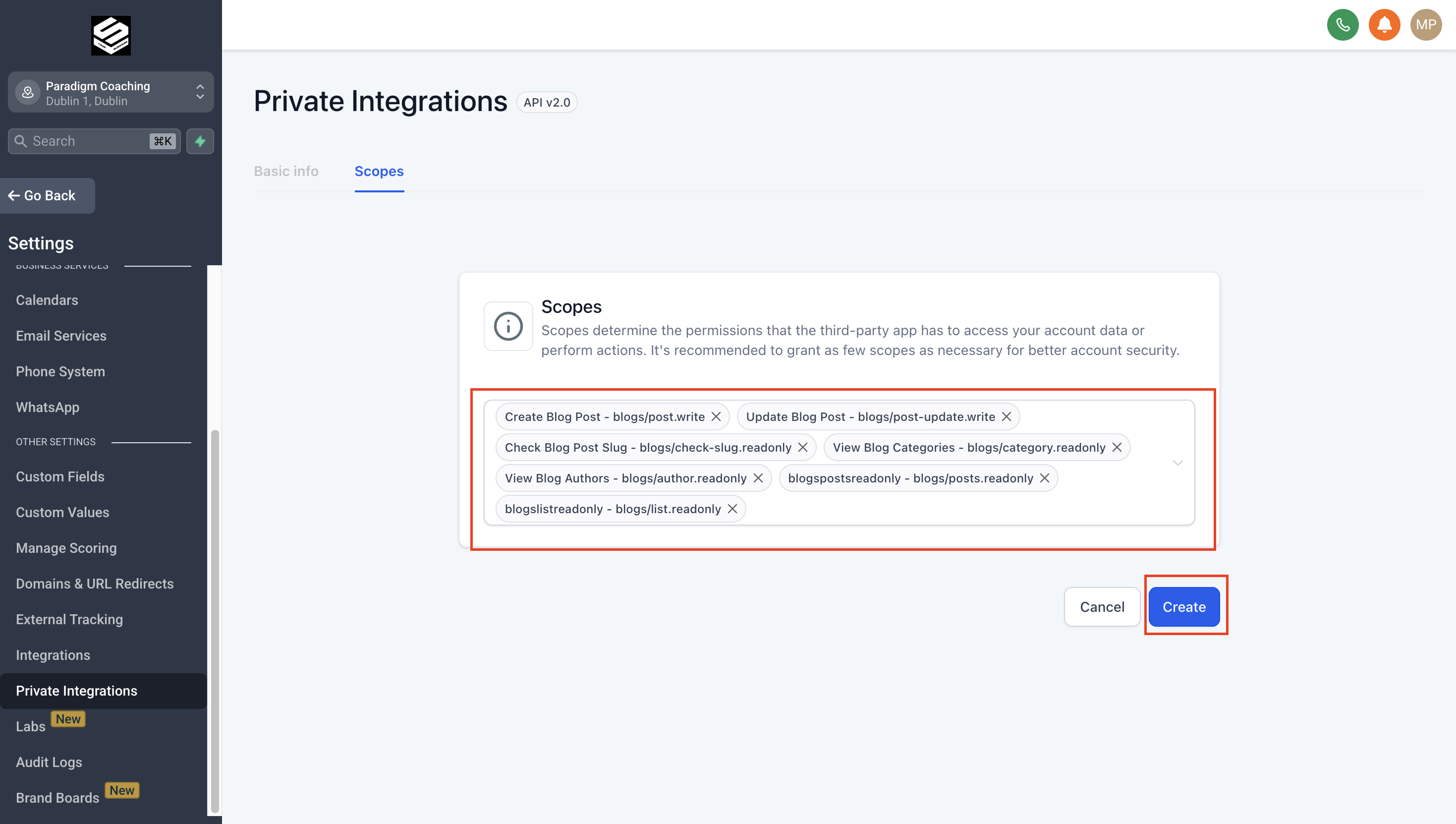 GoHighLevel Create button and Private Integration Token