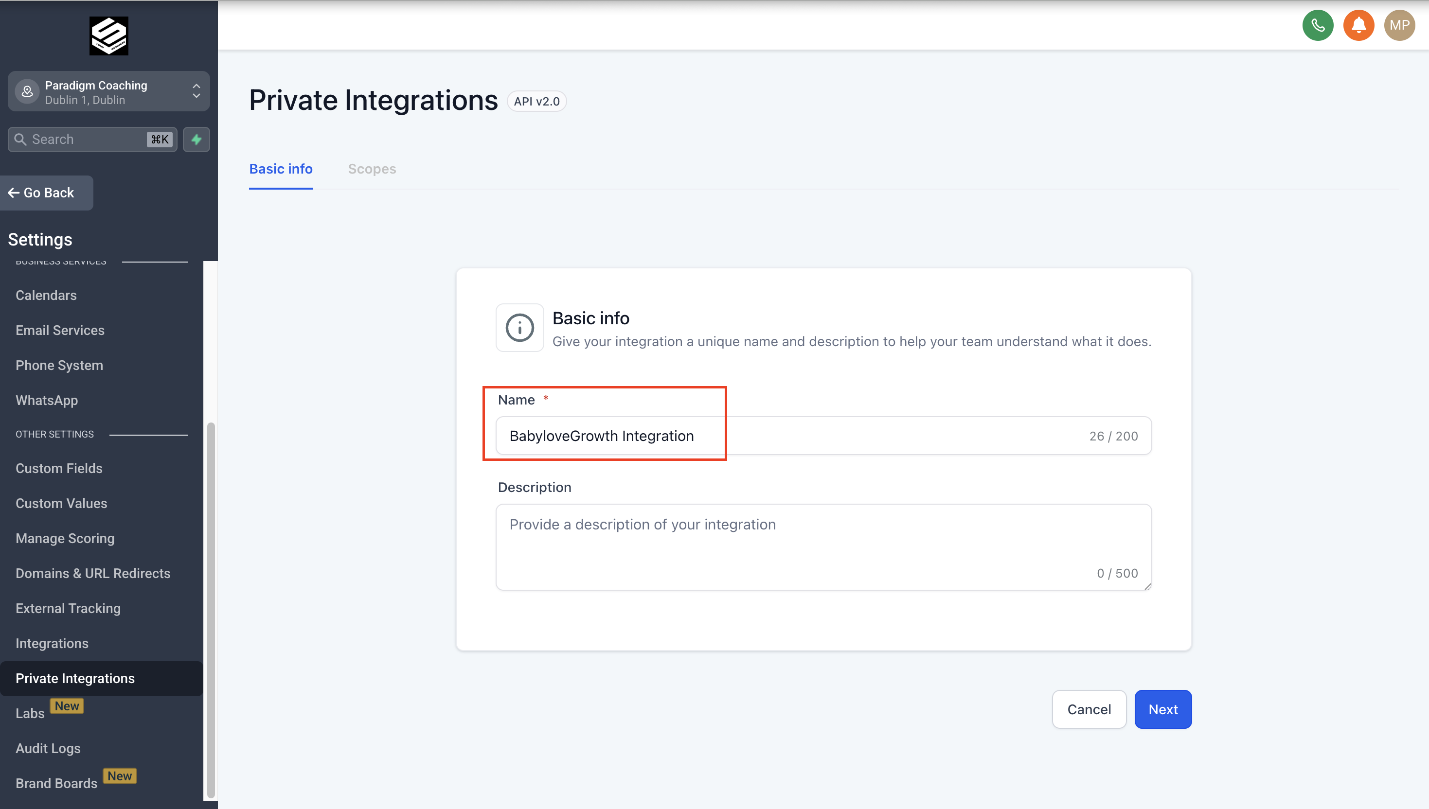 GoHighLevel integration name input