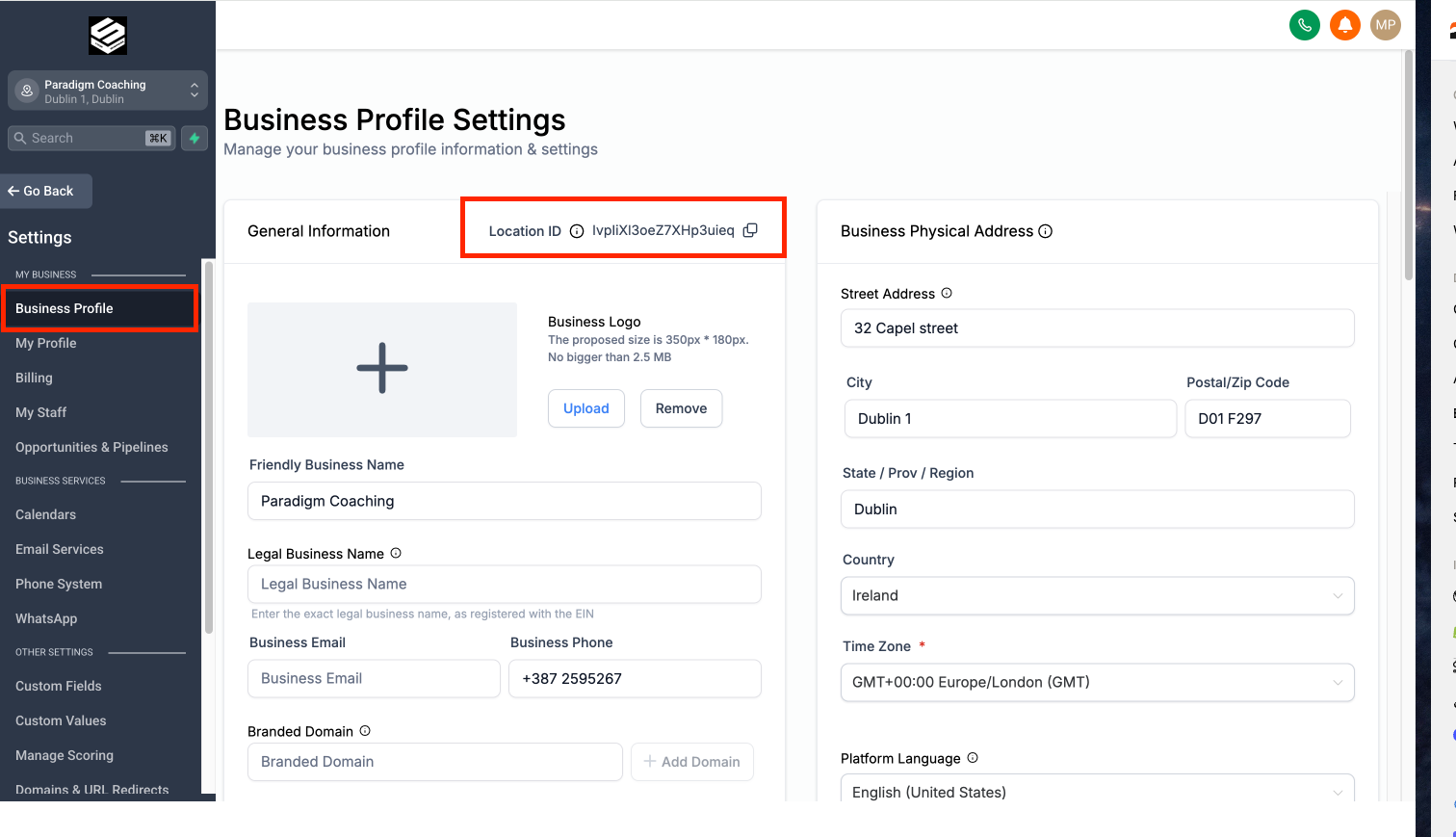 GoHighLevel Business Profile showing Location ID