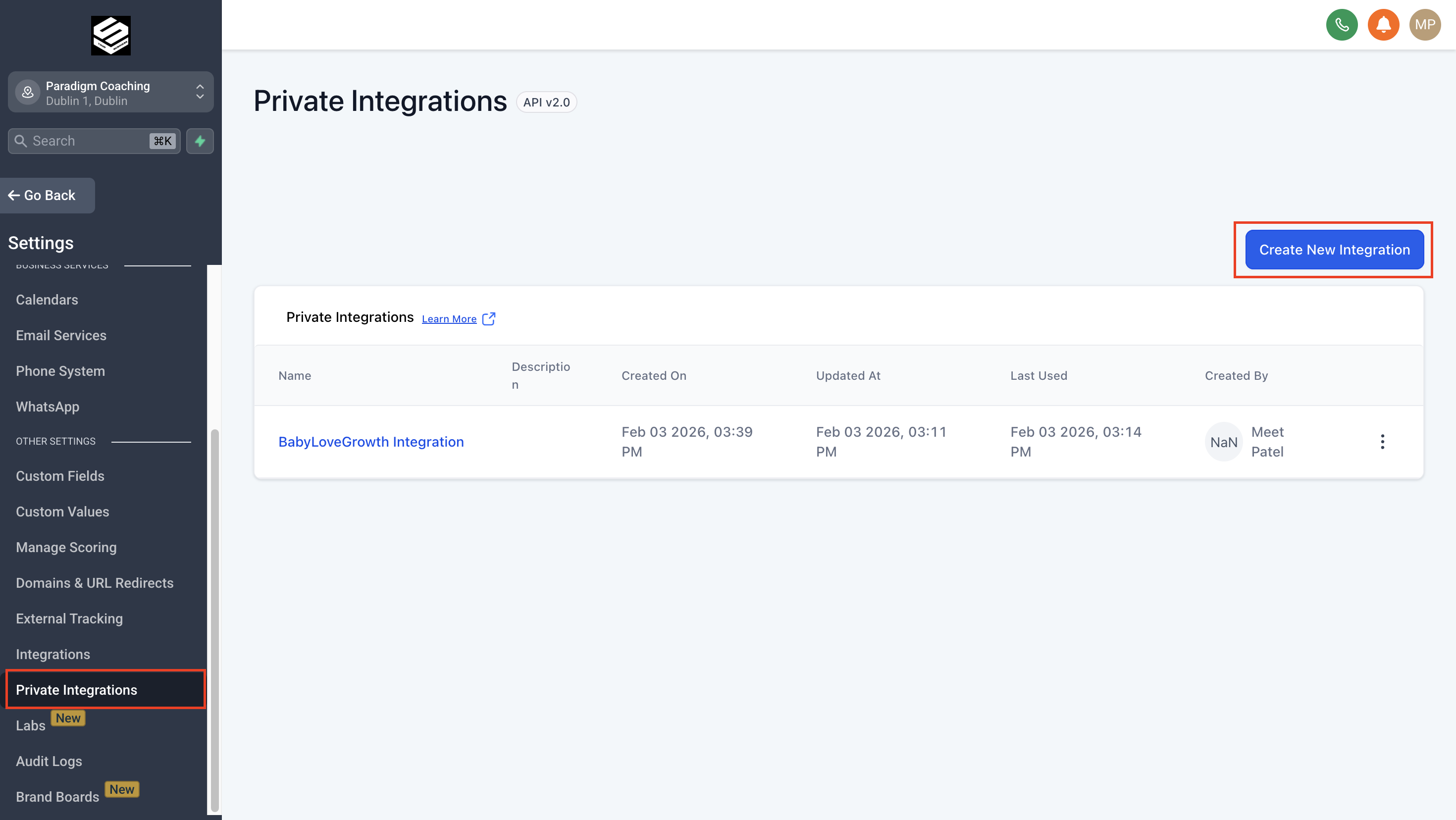 GoHighLevel Private Integrations menu