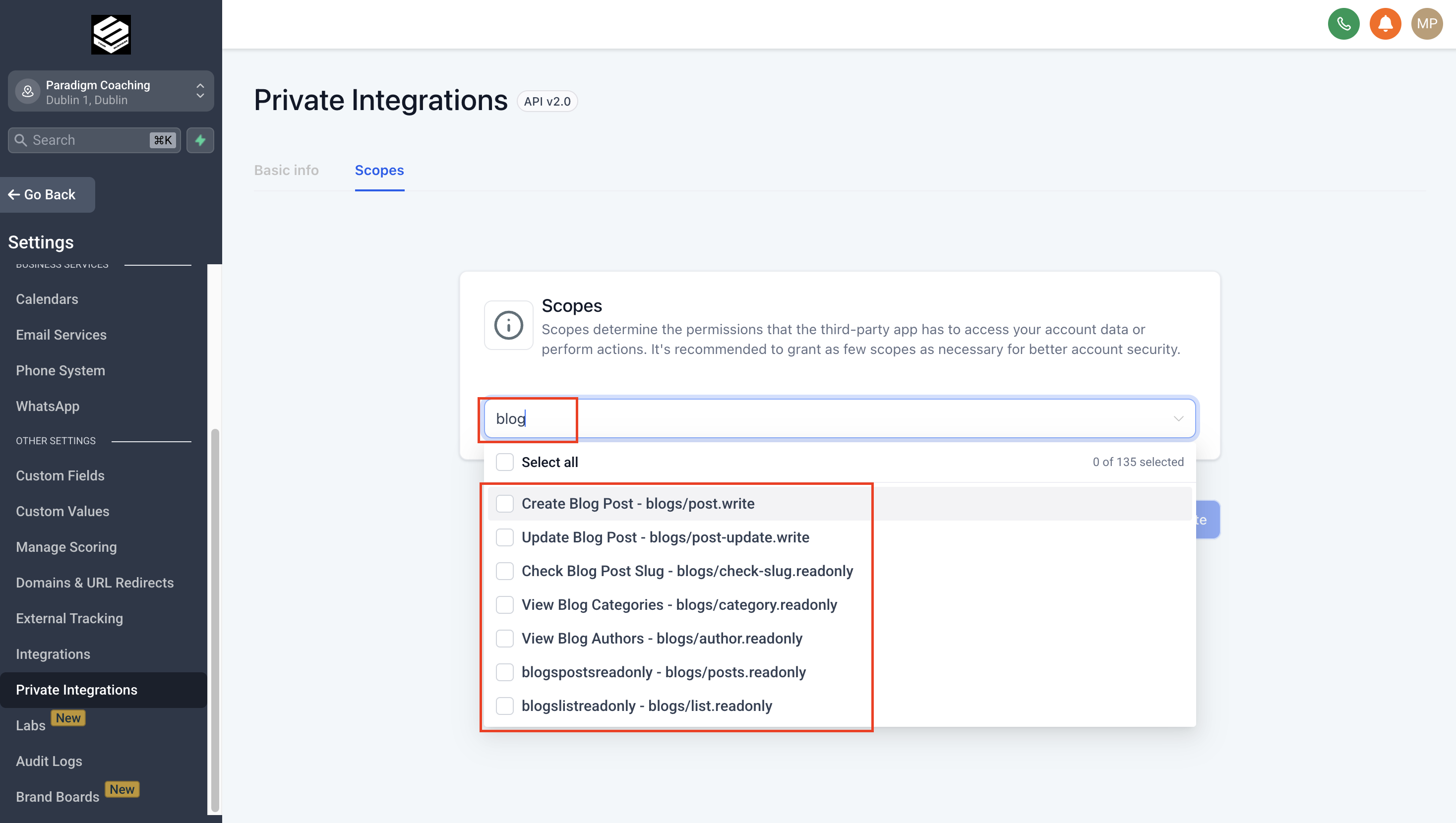 GoHighLevel scope selection showing blog permissions