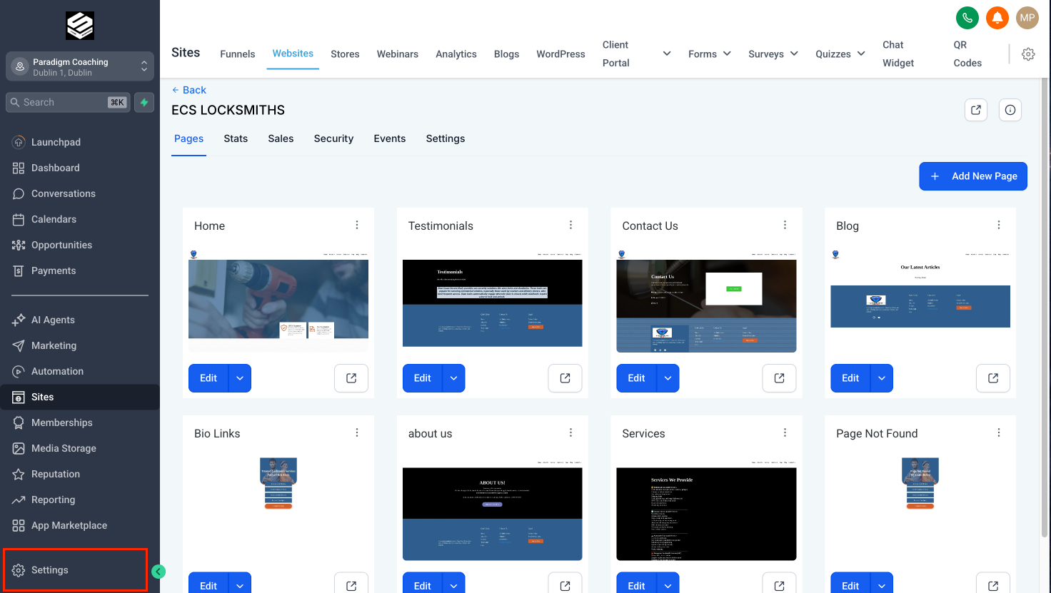 GoHighLevel Settings button in left sidebar