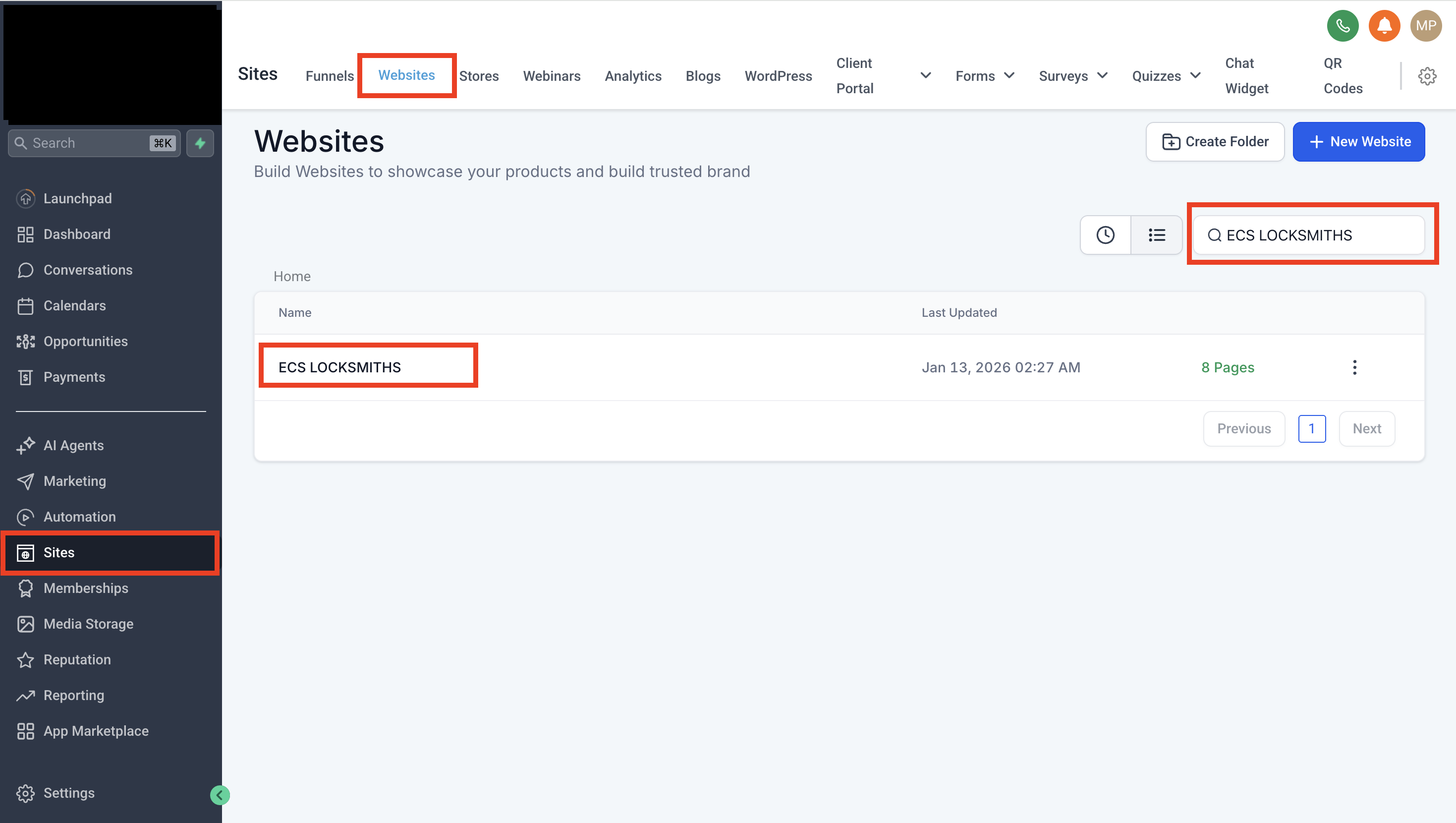 GoHighLevel Sites menu showing Websites section